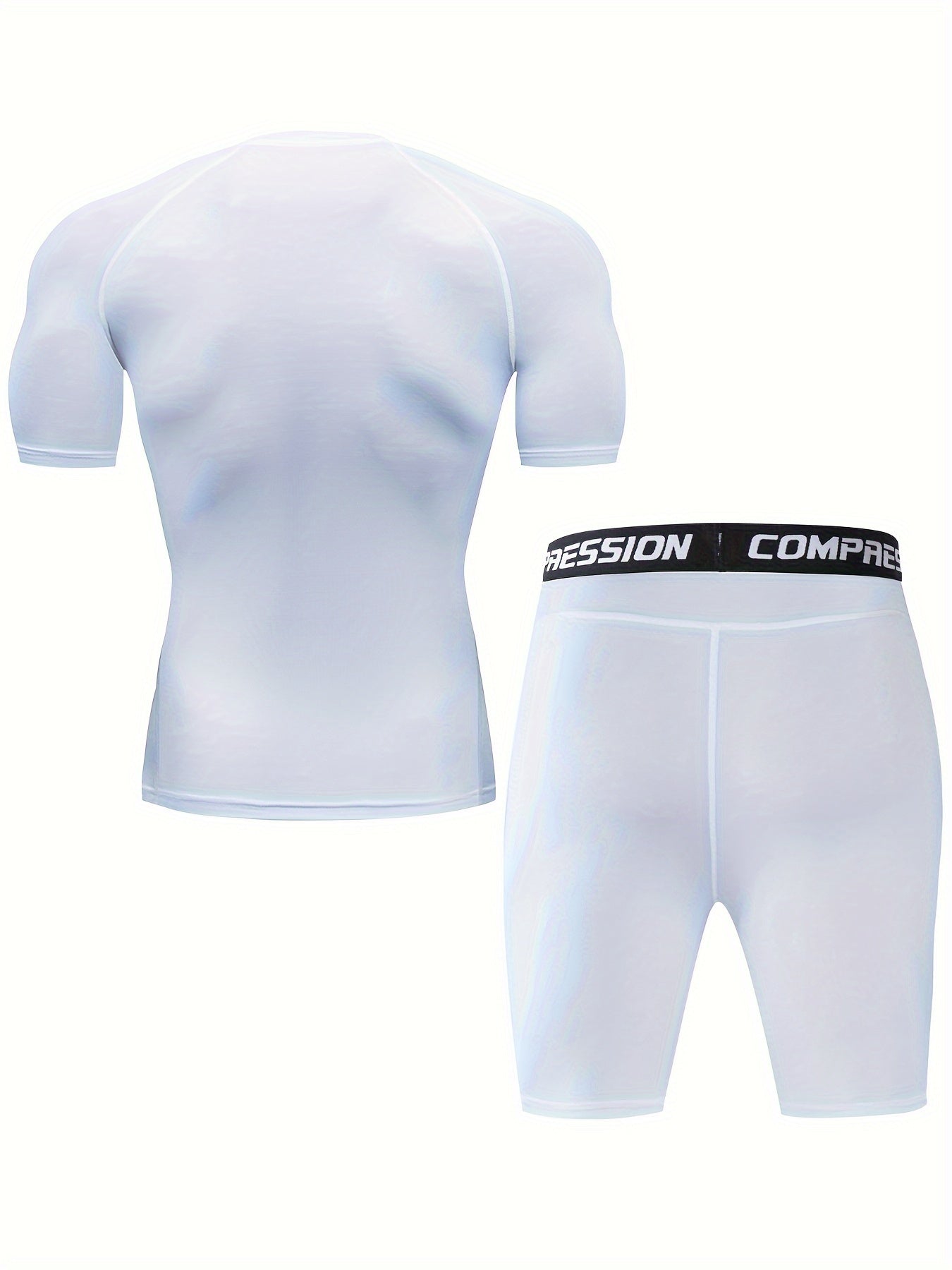 Men's sports running set includes skin-tight quick dry short sleeve compression shirt and shorts for gym and yoga.