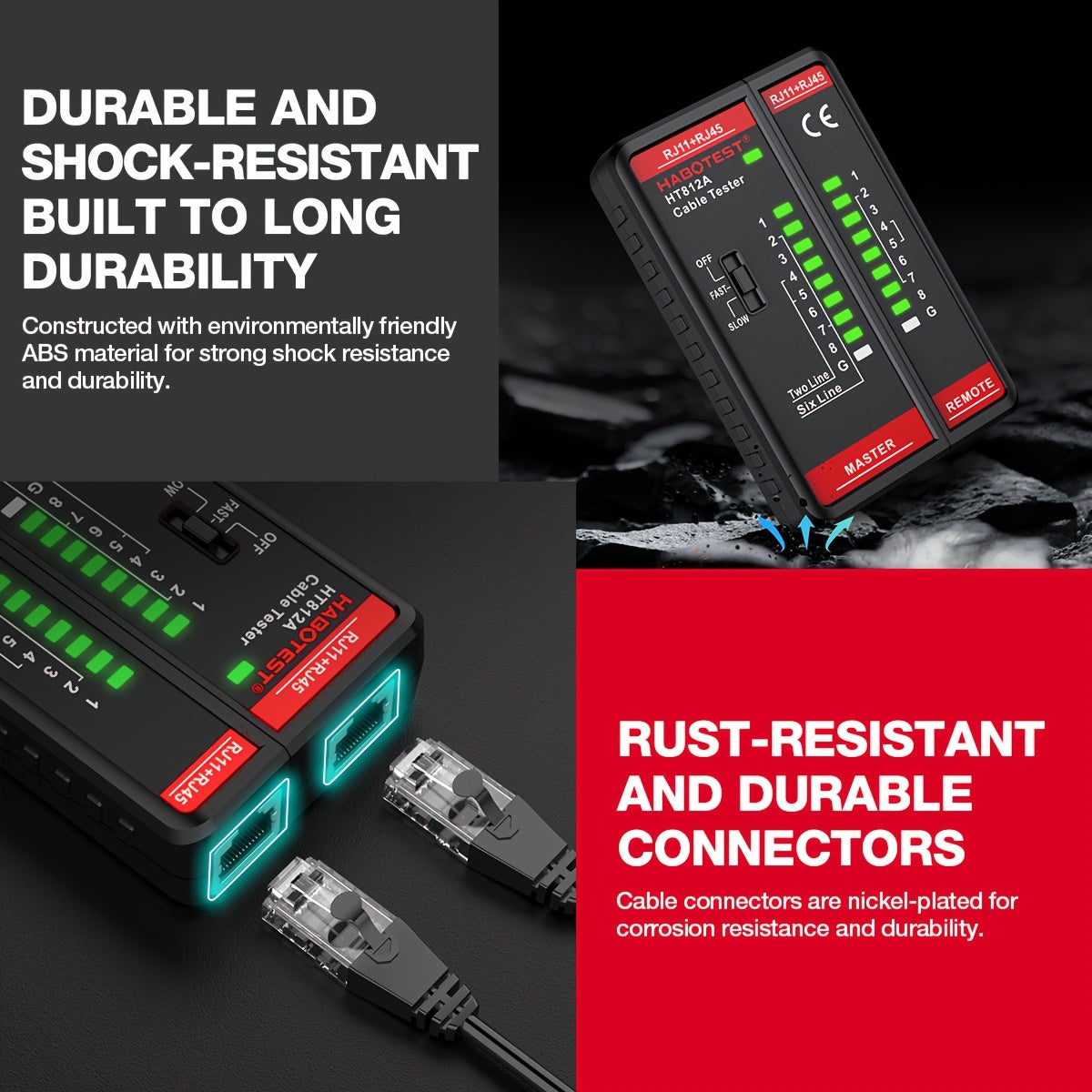 Battery powered HABOTEST Network Cable Tester for RJ45/RJ11/RJ12 CAT5/CAT5E/CAT6/CAT6A.进行连续性和布线测试。Dual-purpose for Ethernet and telephone lines, without battery.