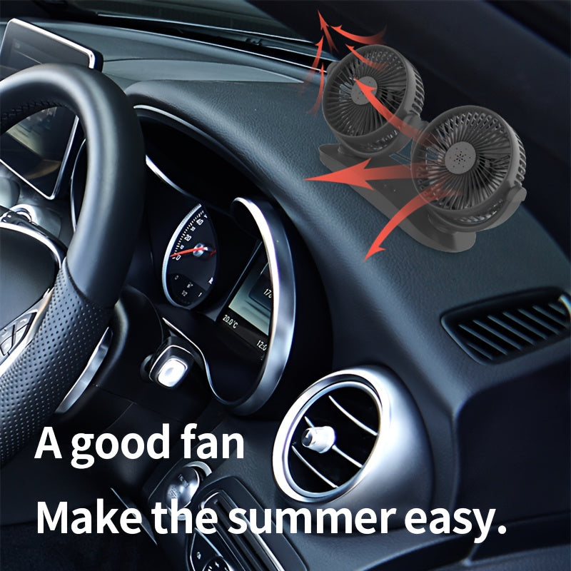 The Dual-Head USB Car Fan features three-speed wind adjustment, an aromatherapy cover, dual switches, multi-angle rotation, a brushless motor, lightweight and portable design, low noise operation, USB powered for energy-saving, a grid mesh cover, a