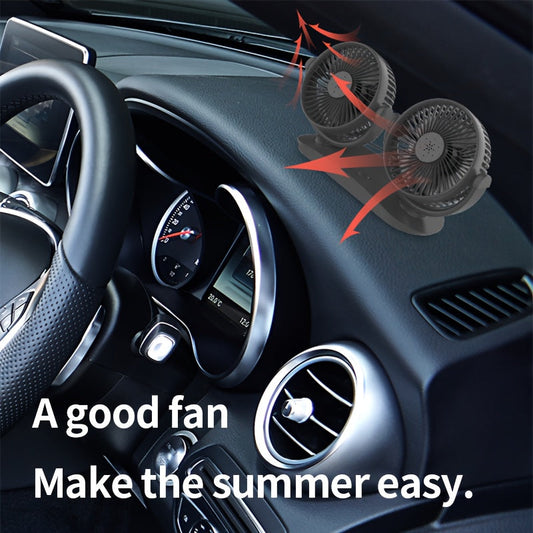 The Dual-Head USB Car Fan features three-speed wind adjustment, an aromatherapy cover, dual switches, multi-angle rotation, a brushless motor, lightweight and portable design, low noise operation, USB powered for energy-saving, a grid mesh cover, a