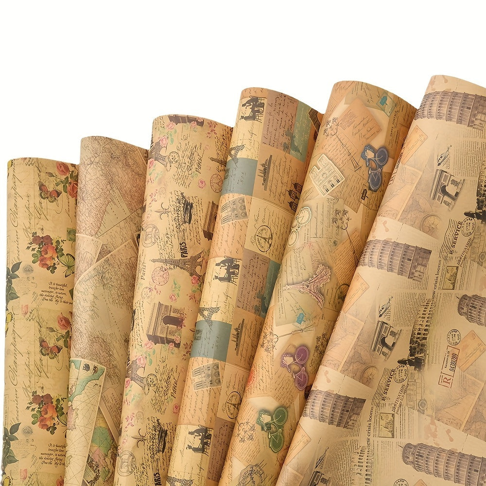 Kraft paper packaging with vintage English newspaper design, featuring creative Eiffel Tower and bicycle prints.