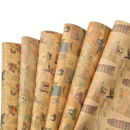 Kraft paper packaging with vintage English newspaper design, featuring creative Eiffel Tower and bicycle prints.