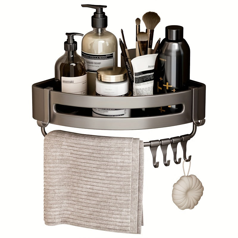 Space-saving bathroom storage solution: self-adhesive corner shower caddy with rust-proof shelves, towel holder, and shampoo organizer.