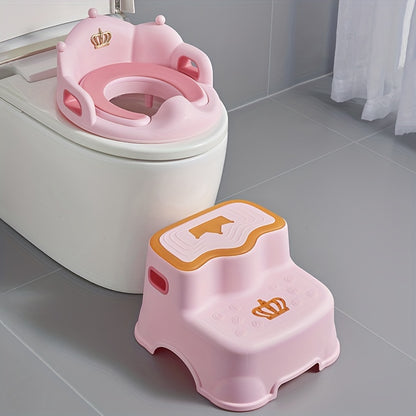 Portable potty training toilet seat for children with crown design, sturdy white base, and comfortable padding. Ideal for helping boys and girls learn independence. A must-have home essential and tool for independence learning.