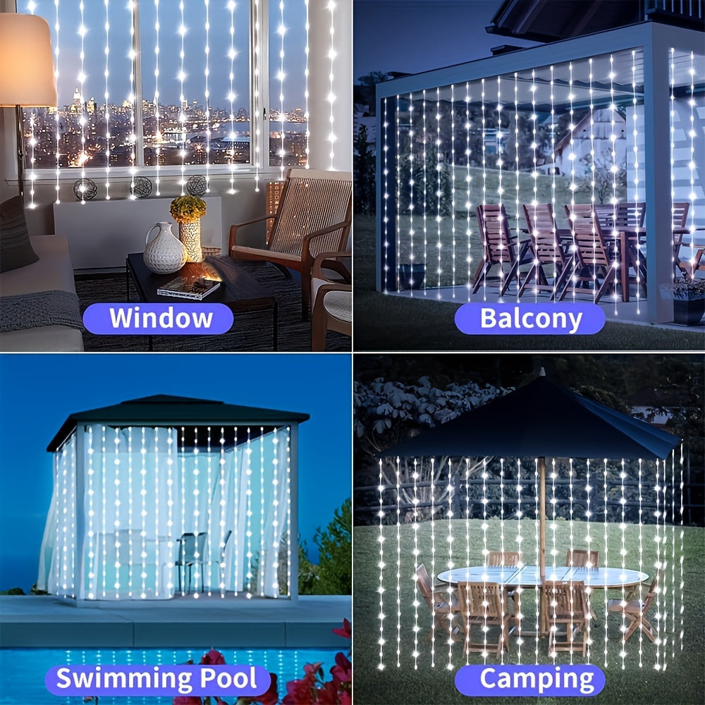 Solar powered waterfall LED string lights with 300 LEDs, 8 modes. Ideal for outdoor and indoor decor, great for camping, weddings, parties, RV, and patio. Dimensions: 298.7x298.7cm.