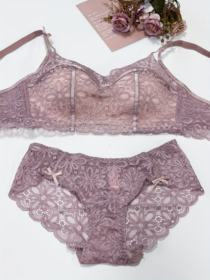 Sexy lace lingerie set for women, with medium support bra and drop waist briefs. Made of polyamide and elastane blend with knit fabric weave. Features solid color with contrast lace details