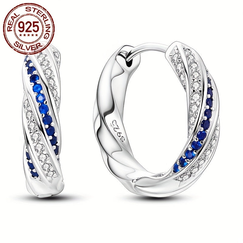 Hypoallergenic Blue & White Twisted Hoop Earrings, 925 Sterling Silver, 3.9g, Adorned with Sparkling Cubic Zirconia, Elegant Luxury Style, Fine Jewelry Gift for Women, Perfect Wedding Party Accessory