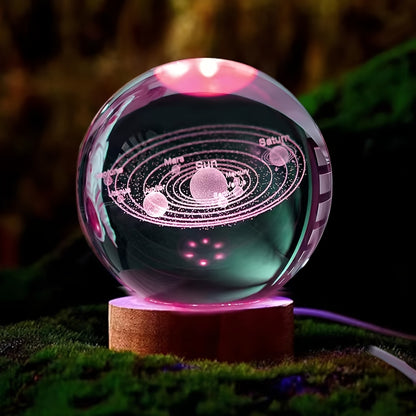 3D Solar System Crystal Ball with LED Base - USB Powered Night Light, Great Gift for Loved Ones - Ideal for Parties & Home Decor