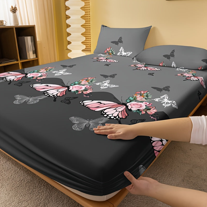 Butterfly Floral Print Brushed Fitted Sheet - Soft Comfortable Bedding Mattress Protector Without Pillowcase for Bedroom or Guest Room - Deep Pocket Fitted Bed Sheet only