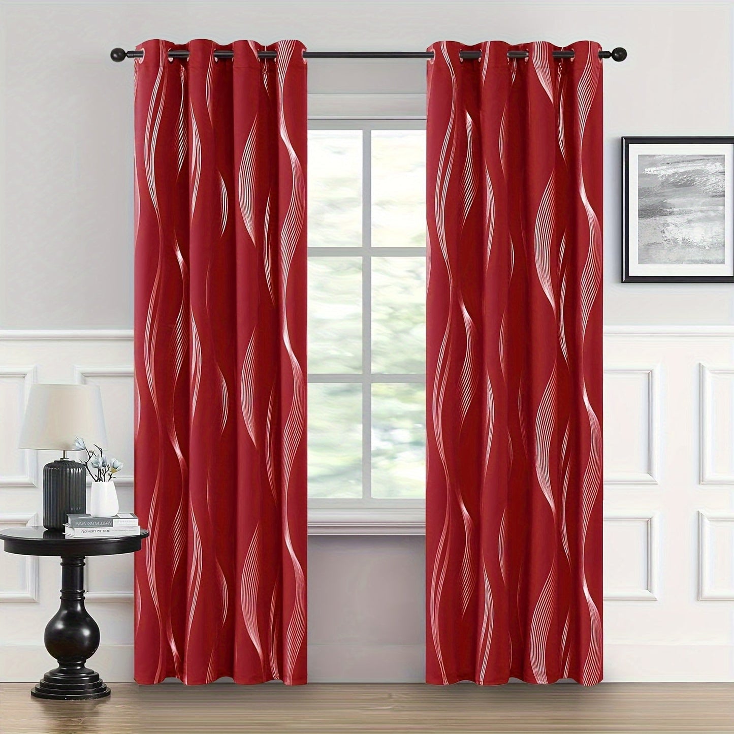 Two pieces of contemporary blackout curtains made from high-quality woven polyester, featuring a grommet top design for easy hanging. These room darkening drapes are machine washable and showcase a fantasy stripe pattern with eyelet detailing. Suitable