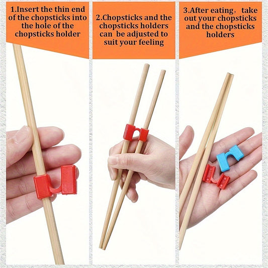 Set of 4 chopstick grip aids with interchangeable plastic connectors, ideal for adults, beginners, and learners. Dishwasher safe. Chopsticks not included.