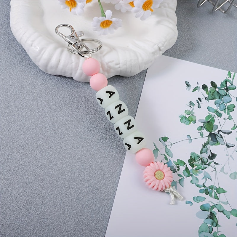 Personalized Silicone Keychain with Glow-in-the-Dark Alphabet Beads, Flower Charm, Custom Name, Perfect for Birthday Parties and Festivals, Women's Key Holder with Lobster Clasp - Great for Decorating Backpacks and Bags (Individual Item)