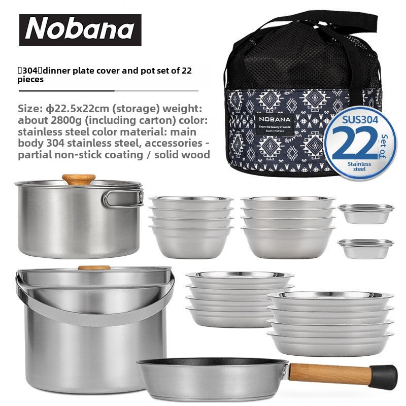 Stainless Steel Camping Cookware Set with 22 Pieces - High-Quality 304 Stainless Steel Outdoor Kitchen Utensils featuring Foldable Handles. Complete with Bowls, Plates, Skillet, Fry Pan and More. Ideal for Picnics, Road Trips, Camping and Home Use.