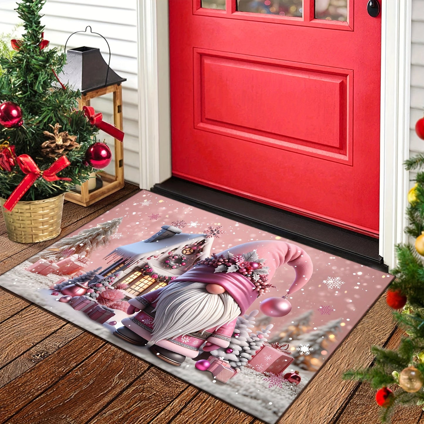 Welcome guests to your holiday home with the charming Pink Christmas Gnome Doormat! This 6mm thick mat is non-slip and machine washable, making it perfect for adding a festive touch to your decor. Ideal for holiday, gnome, and Christmas decorations.