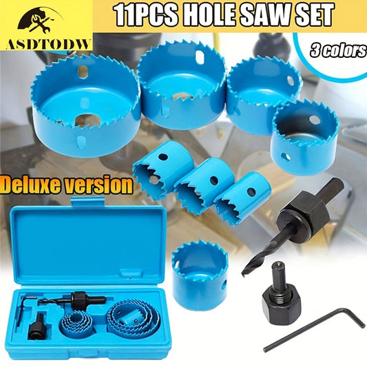 11-piece hole saw set with sizes ranging from 19mm to 64mm for cutting wood, metal, and alloys, includes handy case.