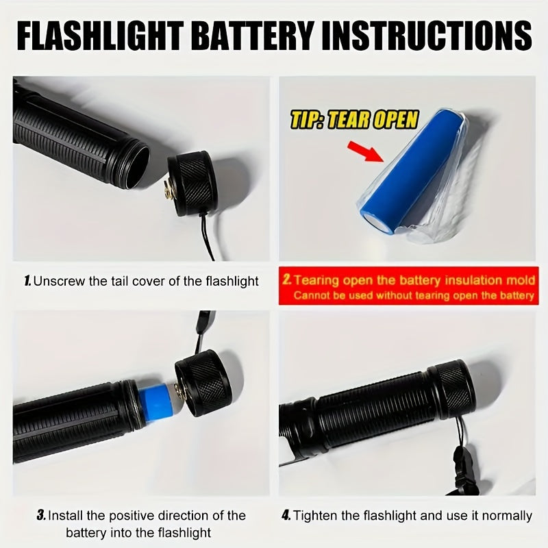 A USB rechargeable LED flashlight with COB work light, 7 brightness modes, 1200mAh lithium battery. Ideal for hiking, camping, and home use.