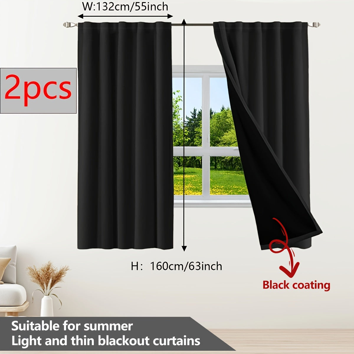 Two pieces of contemporary blackout curtains made from thermal insulated twill weave polyester. They are designed to reduce noise and block out light, making them perfect for the living room, bedroom, or study. These curtains feature a hook and ring rod