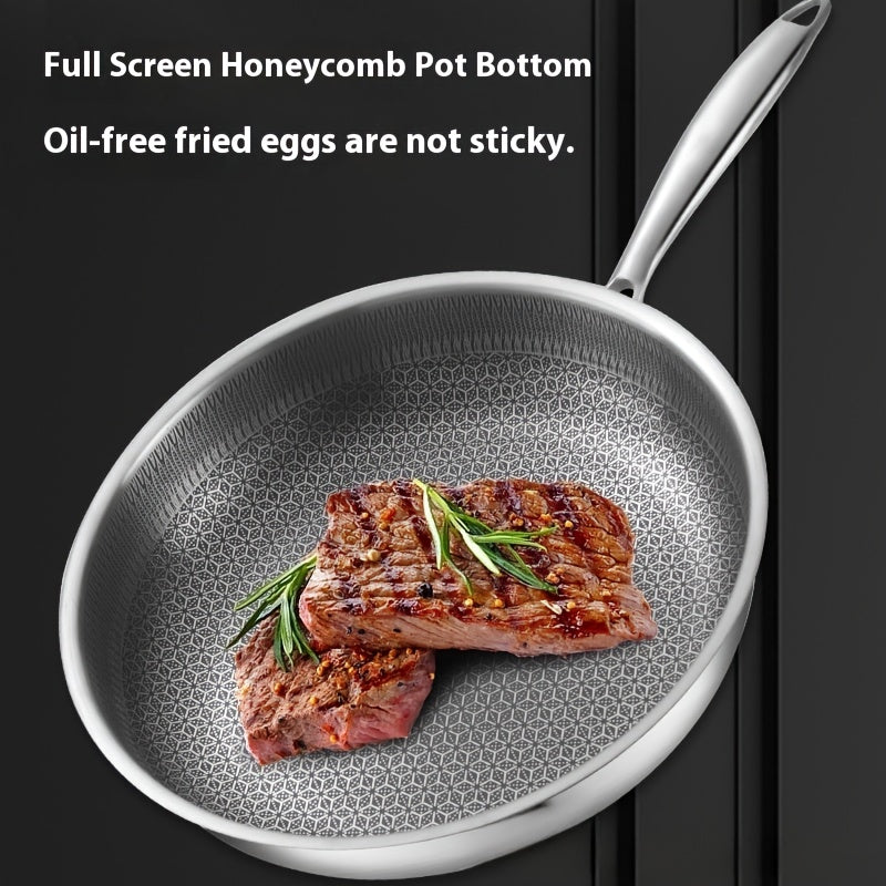 Home kitchens will benefit from this set of stainless steel honeycomb frying pans, which are non-stick and require no coating. Ideal for cooking eggs, steak, and pancakes with ease.