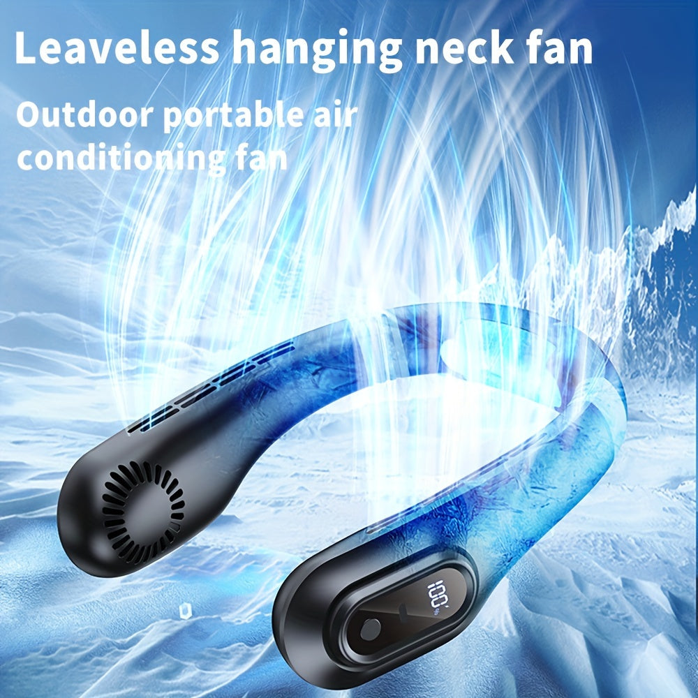 Portable Bladeless Neck Fan with High Velocity, USB Rechargeable and Button Control, Personal Cooling Device for Indoor and Outdoor Use, Quiet Operation with 3000mAh Lithium Battery.