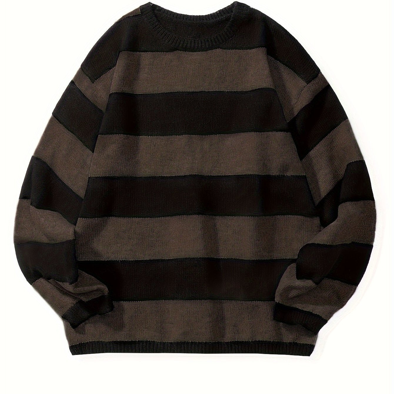 Men's Striped Pullover Sweater, Spring/Autumn Thin Polyester Knit, Round Neck, Stretchy Fabric, Regular Fit