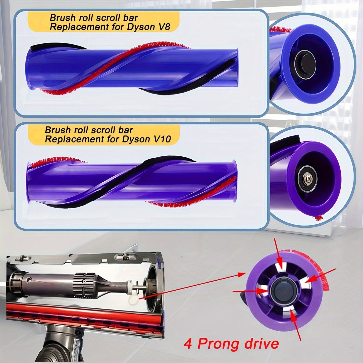 Replacement roller brush roll bar for Dyson V8 cordless vacuum cleaner, part number 967485-01.