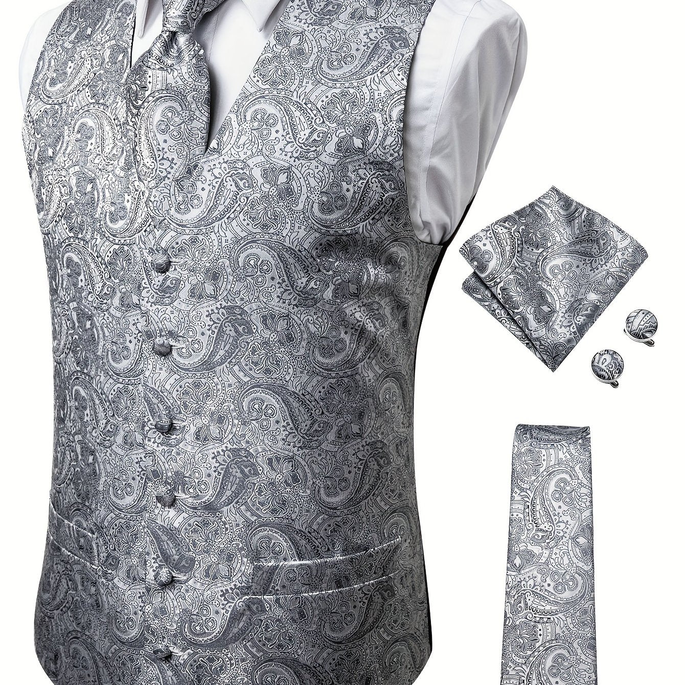 White paisley pattern accessories for big men: waistcoat, necktie, hanky, and cufflinks