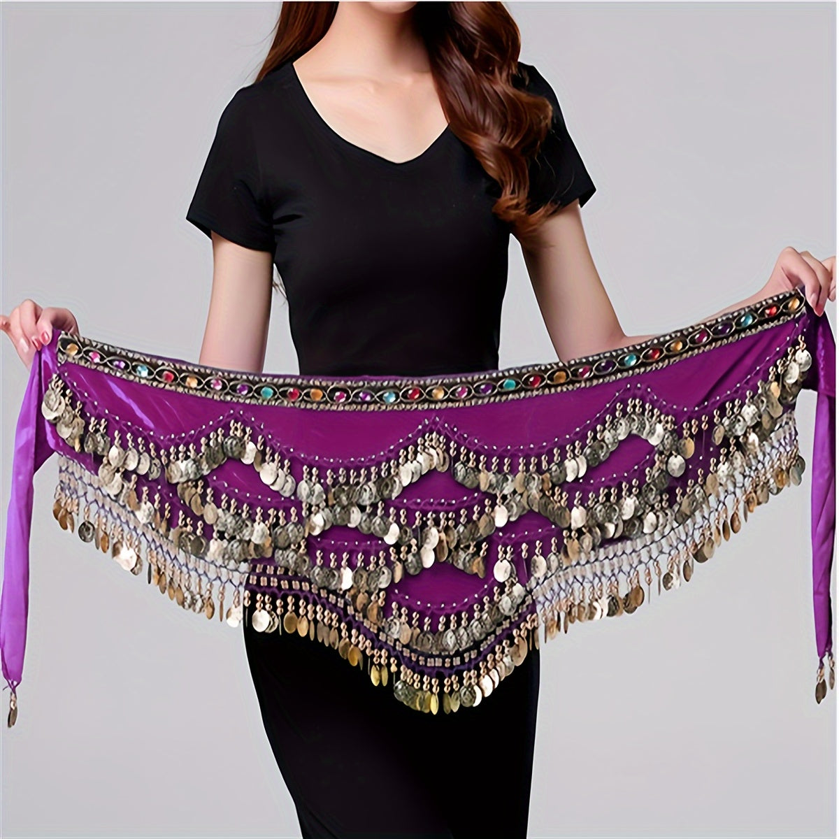 1 piece belly dance hip towel with sequin decoration for dance performances.