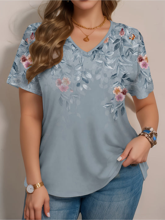 Floral V-Neck Short Sleeve T-Shirt for Plus Size Women