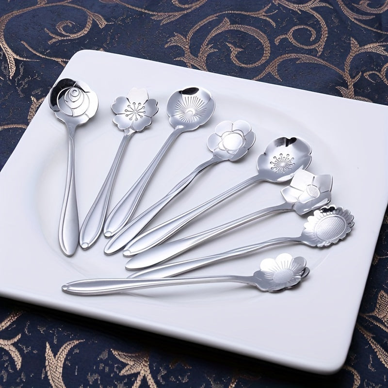 A collection of 8 flower-shaped spoons perfect for tea, coffee, ice cream, dessert, or honey. These cute spoons are made of durable stainless steel in a stylish silver and gold finish, making them a versatile addition to any kitchen utensil collection.