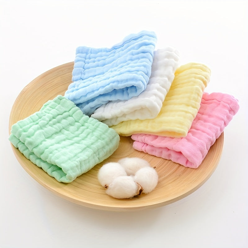 Set of 5 Baby Muslin Washcloths/Burp Cloths/Face Towels made of natural Muslin cotton. These soft face cloths are perfect for newborns and make a great baby shower gift. Each cloth has 6 layers for optimal absorbency, measuring 26.92x26.92 cm.