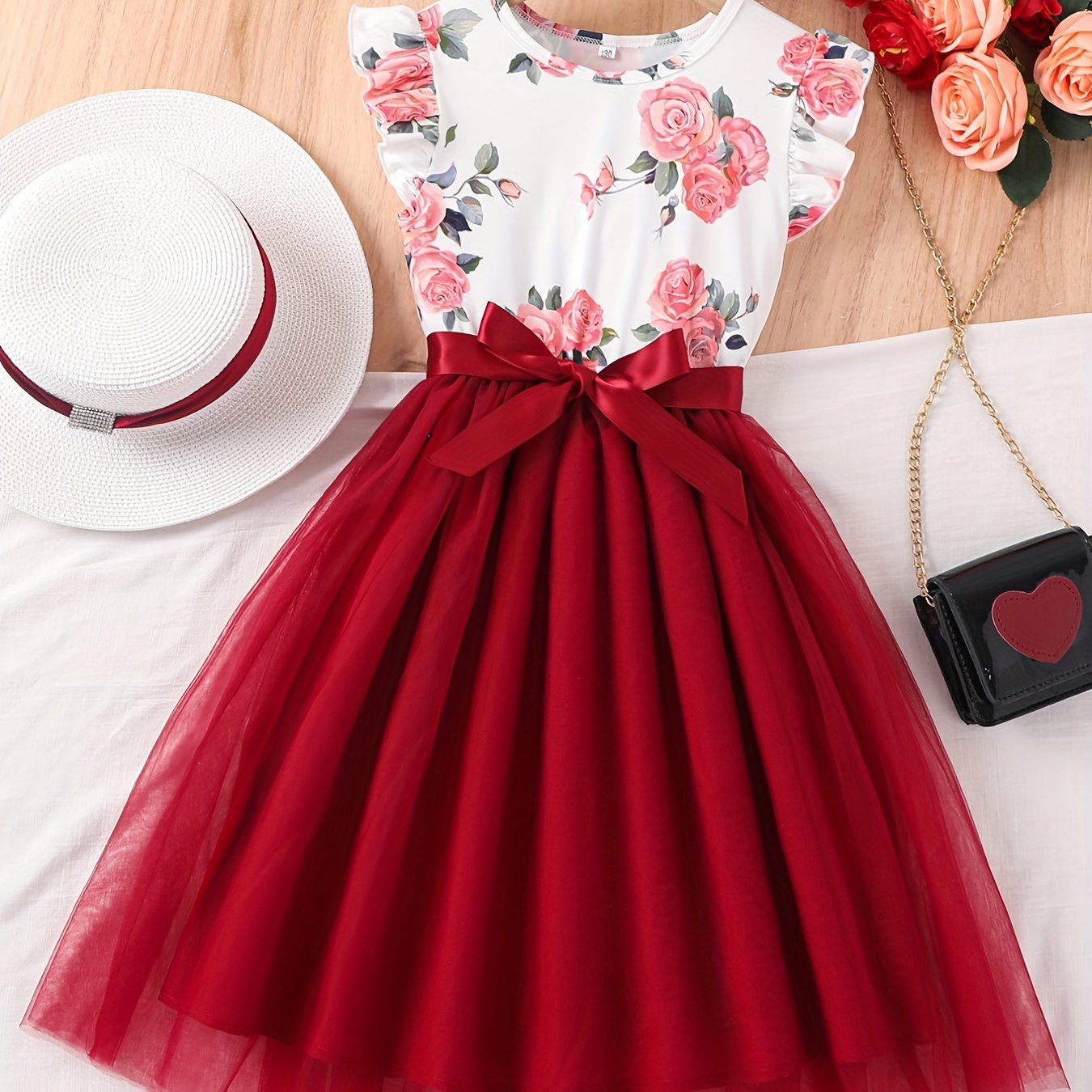 1pc Floral Print Girl's Dress: Elegant polyester summer dress with bow detail and spaghetti straps for children.