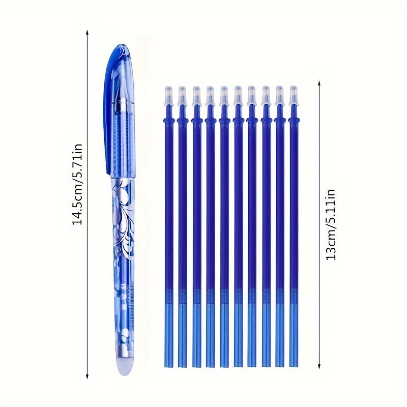 13-piece set of Black/Blue Ink Erasable Gel Pens with 0.5mm tip for office and school use.