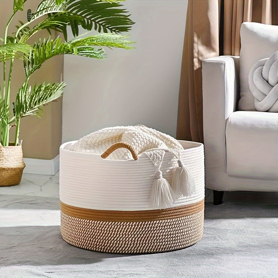 1 woven basket for storage, available in 4 colors; suitable for laundry, living room, nursery, pillows, and toy chest.