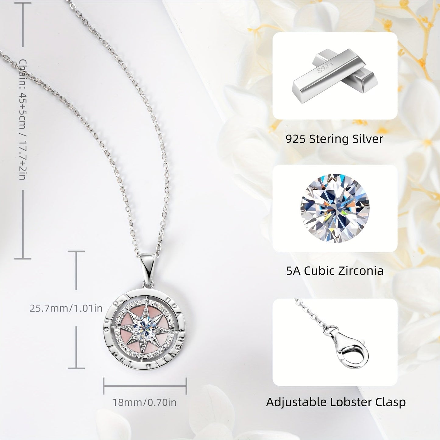 Necklace with Compass Pendant Made of 925 Sterling Silver, Adorned with White Cubic Zirconia and Pink Mother of Pearl, 45+5cm Chain Included - Perfect Graduation Gift