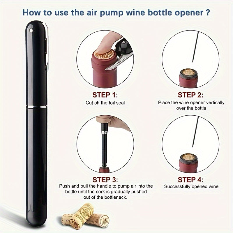 Pen-style air pressure corkscrew requires no power to open red wine bottles.