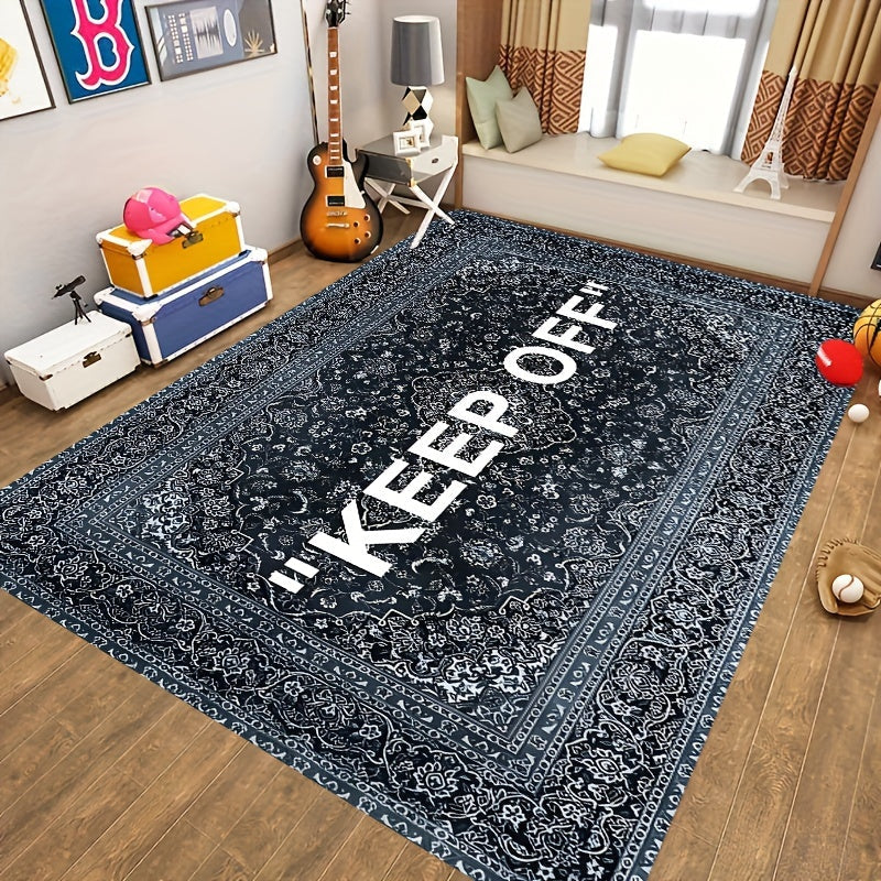 Vintage Persian Style "Keep Off" Decorative Area Rug - Lightweight Non-Slip Machine Washable Indoor Mat for Bedroom or Living Room. Made of Low Pile Polyester, Machine Made in Rectangle Shape