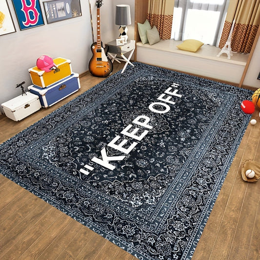 Vintage Persian Style "Keep Off" Decorative Area Rug - Lightweight Non-Slip Machine Washable Indoor Mat for Bedroom or Living Room. Made of Low Pile Polyester, Machine Made in Rectangle Shape