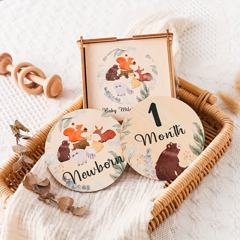 Wooden Milestone Coasters featuring Forest Animals - Perfect for Capturing Growth Month Photos and Creating Lasting Memories in Baby's First Year