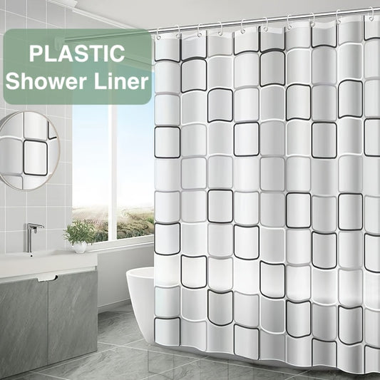 Checkered PEVA shower curtain liner with hooks, semi-transparent, waterproof, metal grommets, bathroom decor for windows.