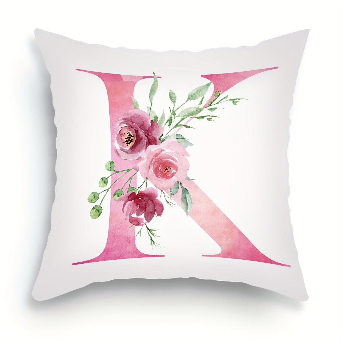 18x18 inch Alphabet Floral Pillow Cover featuring A to Z English Letters in pink print. Ideal for adding a contemporary touch to sofa, living room, or bedroom decor. Single-sided printing, insert not included.