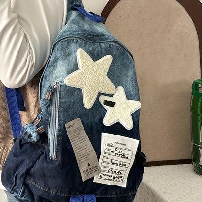 Punk Goth Denim Backpack with Star Patch, Zip Closure, Multiple Compartments, Large Capacity for Students & Everyday Use