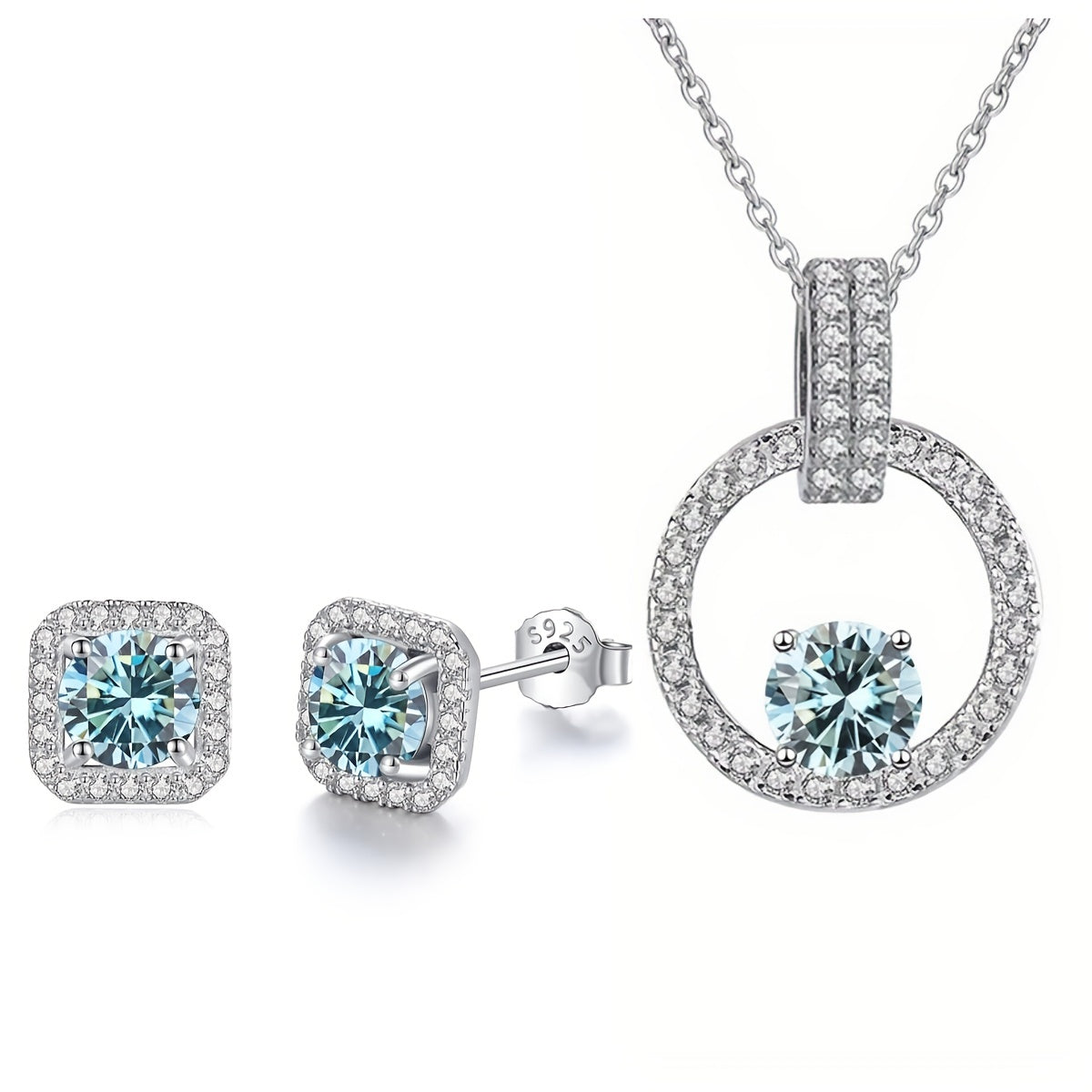 1 set of Moissanite jewelry including a necklace with a 1 carat stone and 2 earrings with 0.5 carat stones. Made of 925 sterling silver and available in multiple colors. Perfect for weddings, comes with a certificate and gift box.