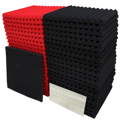 50pcs VIBuilt Acoustic Foam Wedge Panels, 30cm x 30cm x 2.5cm, Black & Red, for soundproofing studios and reducing noise, easy to install with a modular design.