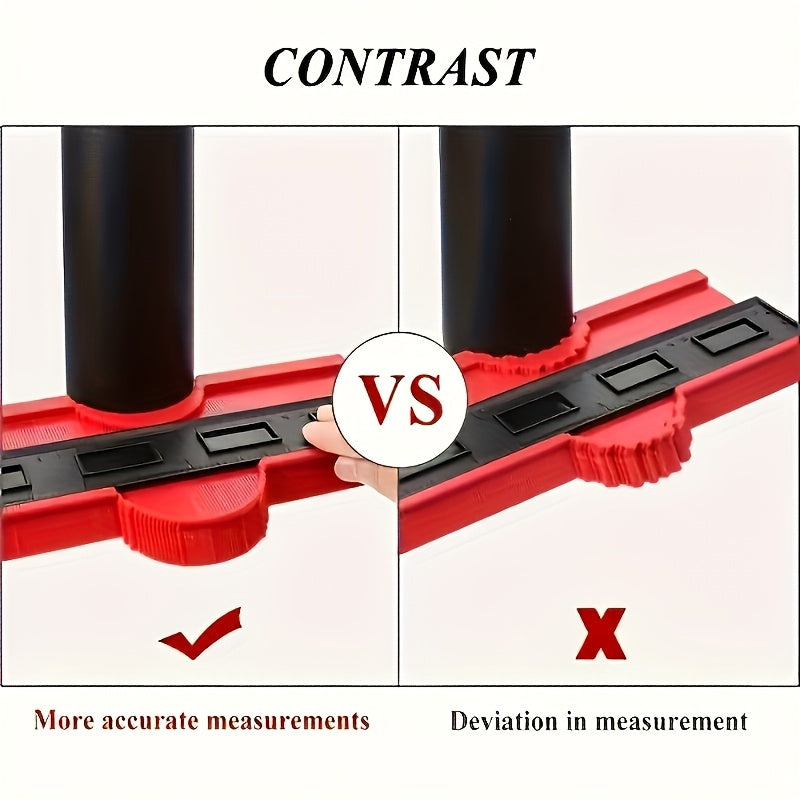 A versatile plastic contour measuring tool that can be adjusted to different angles, stretched, retracted, and reused.