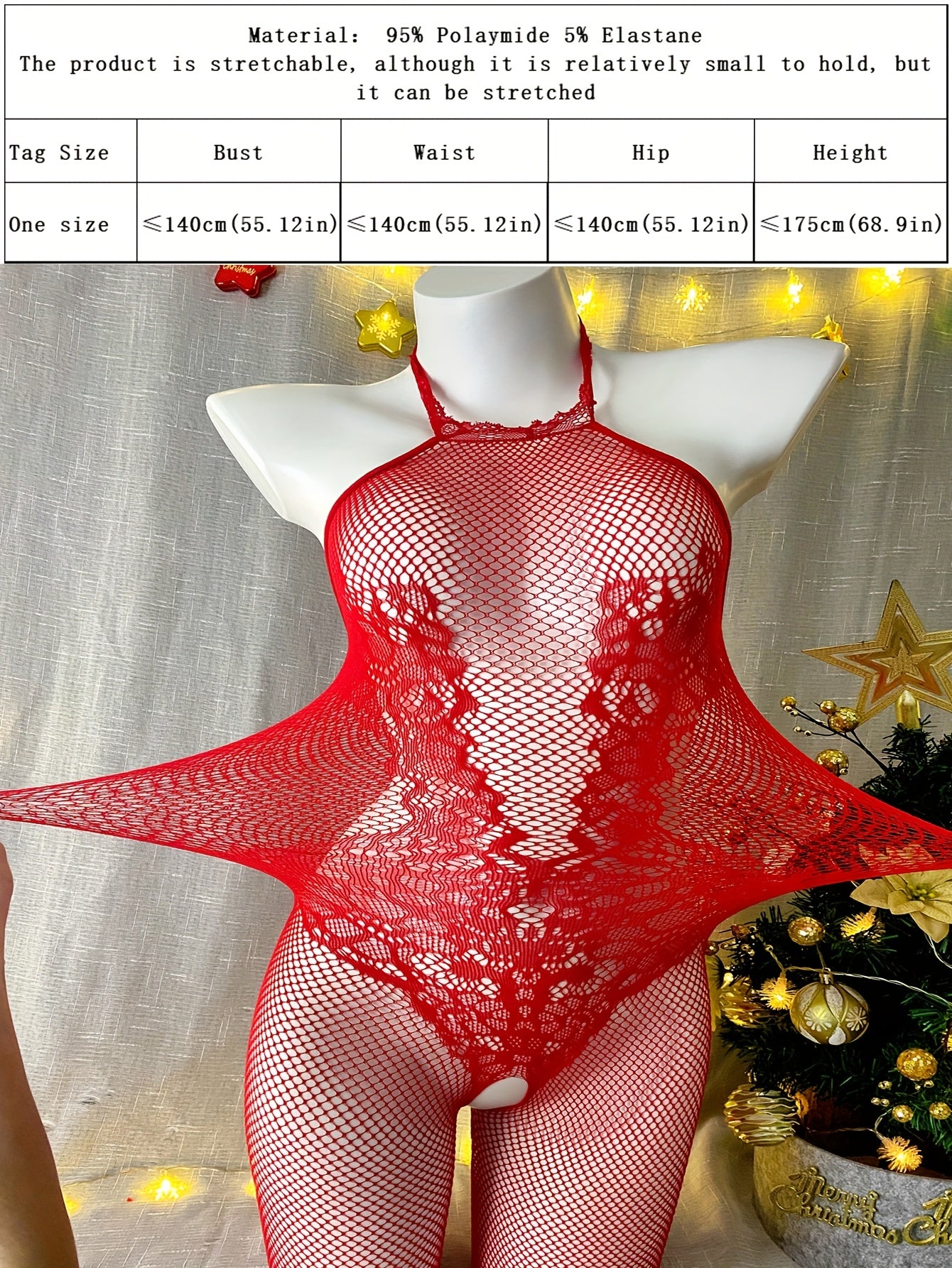 Red lace and fishnet bodysuit with cut-out detail. Hand washable. Ideal for holiday festivities.