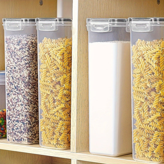 Set of three 81-ounce airtight food storage containers with lids. These containers are BPA free, stackable, and dishwasher safe, perfect for storing flour, sugar, grains, and other items. Includes labels and marker for easy organization.