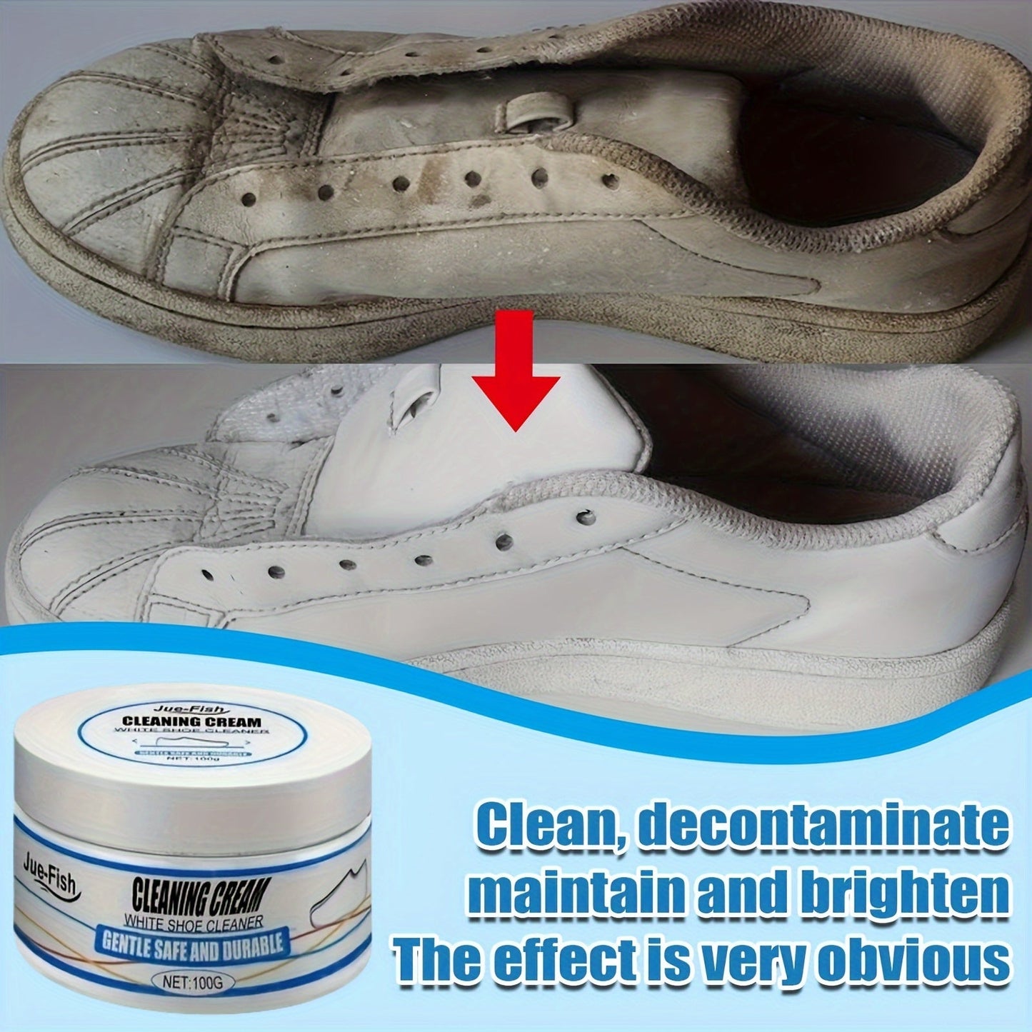 1 piece of Shoe Cleaning Cream, a versatile product perfect for cleaning white shoes, sports shoes, and sneakers. This cream will effectively clean, whiten, brighten, and remove stains, dirt, and oxidation from your footwear. It is a must-have cleaning