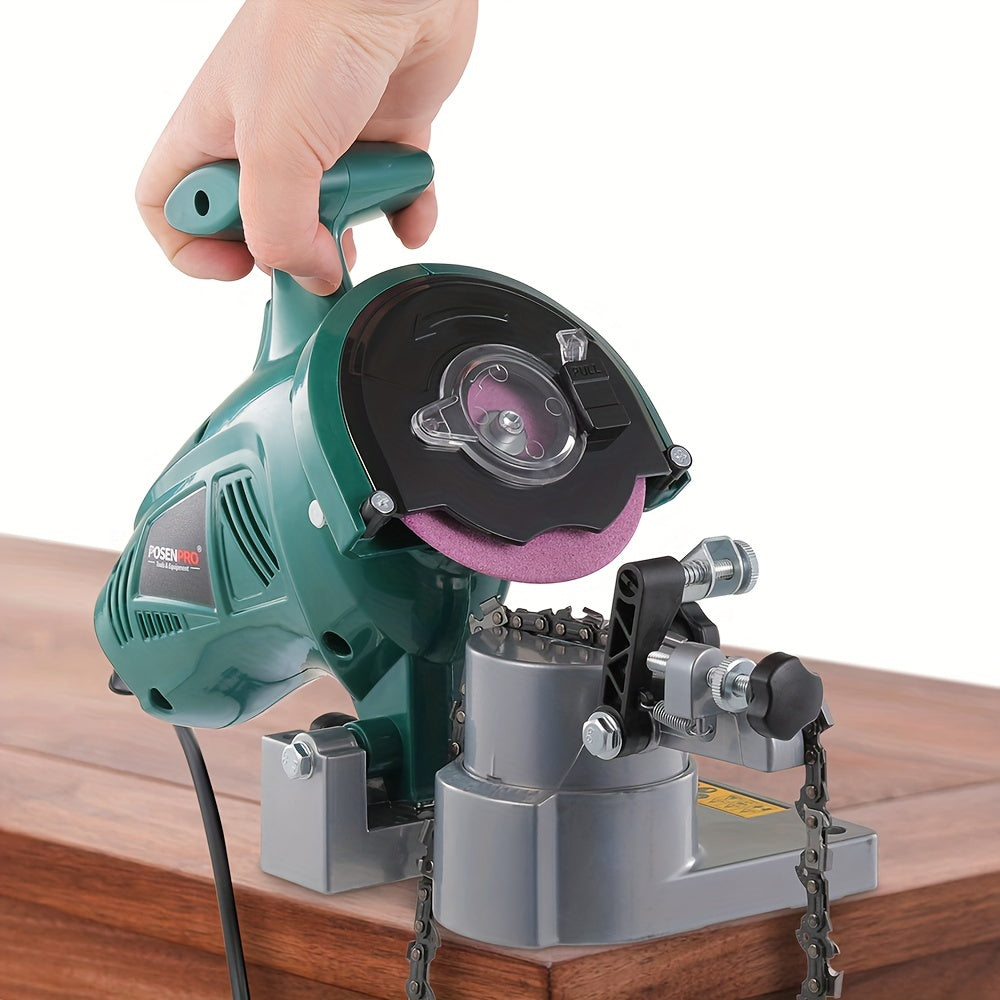 POSENPRO Electric Chainsaw Sharpener with 250W power, 10.16cm chain grinder in green. Features adjustable clamp, dual rotation, portable design, and efficient grinding. EU plug (220-240V).