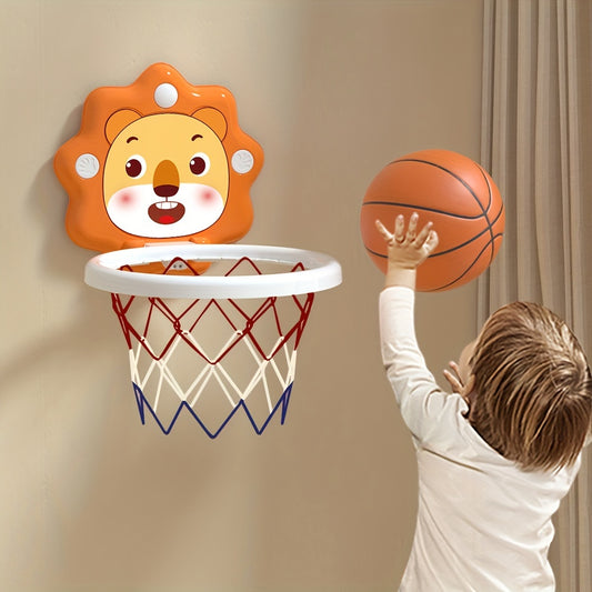 Kids' cartoon animal basketball hoop set for ages 3+ with mini balls, pump, and wall-mounted design for indoor/outdoor play.