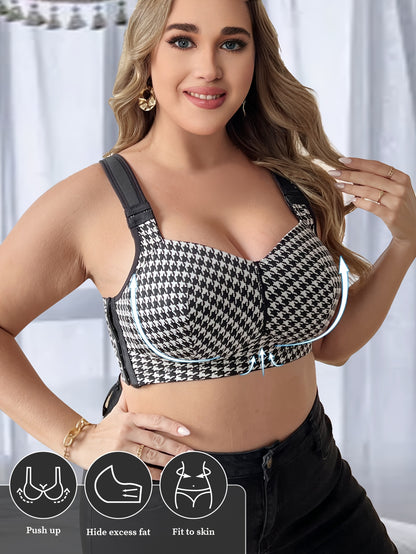 Houndstooth bralette for plus size with elegant fabric, wireless, no padding, medium stretch, and applique detail in a one-piece style.